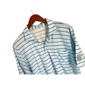 B DRADDY 100% PIMA Cotton Polo Shirt Pocket Embroidered Logo White Blue Pinstrip